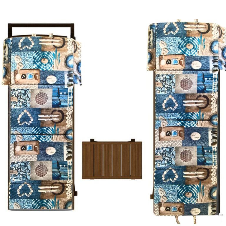 sun lounge cushion and convertible beach bag on wood sunbed top view