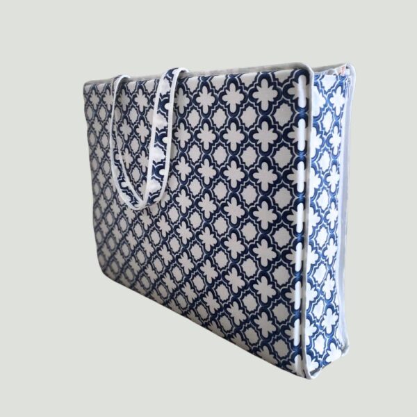 side view of the beach tote in moroccon pattern