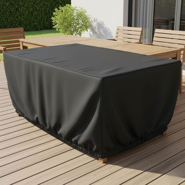 An outdoor table covered with a waterproof heavy duty cover in black