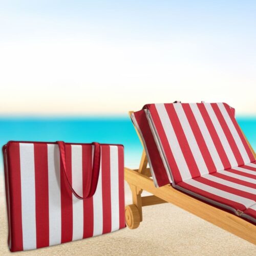 Relaxing with Red White Stripe Convertible Chaise Cushion Poolside