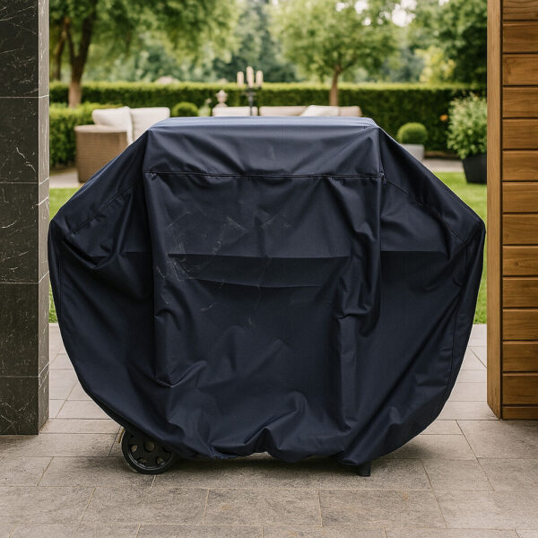 Grill protection cover in navy canvas tarp with elastic bottom closure