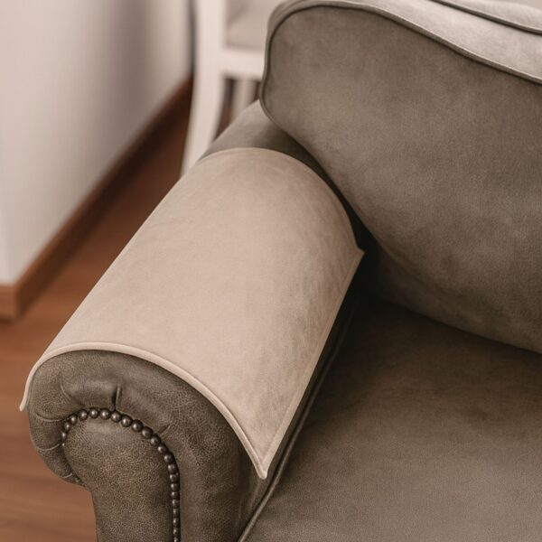 sofa arm covered with light beige microfiber fabric