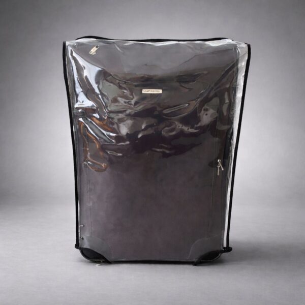 Clear heavy-duty PVC luggage cover with all-around zipper protecting suitcase from rain and dust