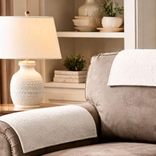 Headrest cover protector set displayed on sofa backrest cushions